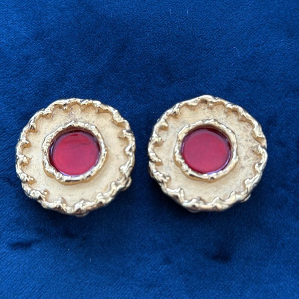 Vintage DKNY Signed Gold Tone Red Center Clip On Earrings